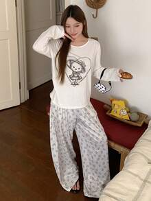 DAZY Cartoon Print Loose Women Pajama Set, White - White - View 6