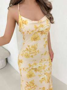 Jemour Vintage Yellow Floral Print Draped Neck Maxi Dress For Women, French Style Summer Boho Suitable For Going Out Chic Dress - Multicolor - View 3