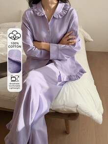 DAZY 可爱荷叶边纯色宽松女士睡衣套装 - 紫色 - 查看 5