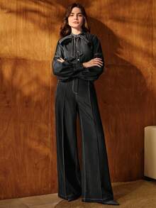 Anewsta Quần ống đứng cạp cao thanh lịch dành cho nữ, phù hợp cho công sở, mùa thu, mùa đông, dịp năm mới, sang trọng, sành điệu, Giáng sinh, đi chơi. - màu đen - Xem 4