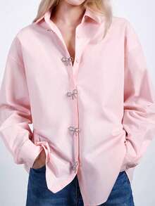 Maija Women's Romantic Elegant Bow Tie Rhinestone Decor Pink Button Up Shirt,Graduation, Holidays - Pink - View 6