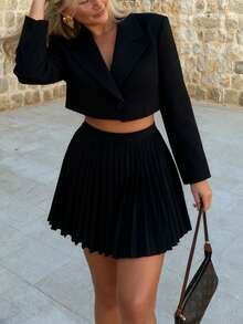 SHEIN Unity Casual Black Lapel Long Sleeve Cropped Blazer And Pleated Mini Skirt Suit Set For Women - Black - View 3