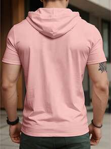 Manfinity Dauomo 男士夏季純色鈕扣半扣短袖帽T恤 - 粉色 - 查看 2