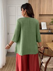 Weeklong 大码亚麻质感七分袖衬衫 - 圆领，双层下摆，宽松版型，休闲春夏衬衫 - 綠色 - 查看 2