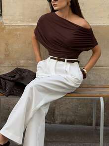 Serisse Áo thun nữ thanh lịch màu trơn, cổ lệch vai, eo thắt, thích hợp cho mùa hè. - màu nâu - Xem 8