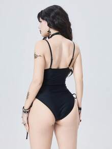 ROMWE Women's Sexy European And American Music Festival Party Bold And Avant-Garde Outdoor Gothic Punk Apocalyptic Style Basic Versatile Solid Color Thin Strap Deep V-Neck Metal Cross Pendant Decorated Side Criss-Cross Tie-Up Waist Cutout Backless One-Piece Swimsuit, Slimming Design, Suitable For Beaches, Seaside, Autumn Swimwear, And Also Suitable For Spring Break Music Festivals. Swimming Goth One Piece Swimsuit Curve Swimsuits Gothic SwimwearFigure-Hugging Swimwear, Gothic-Style Swimwear. Goth Swimsuit Emo Bathing Suit Lace-Up Swimsuit Goth Bathing Suit - Black - View 2