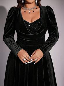 Viva Relle Plus Size Women Solid Color Sequin Patchwork Puff Sleeve Elegant Dress - Black - View 1