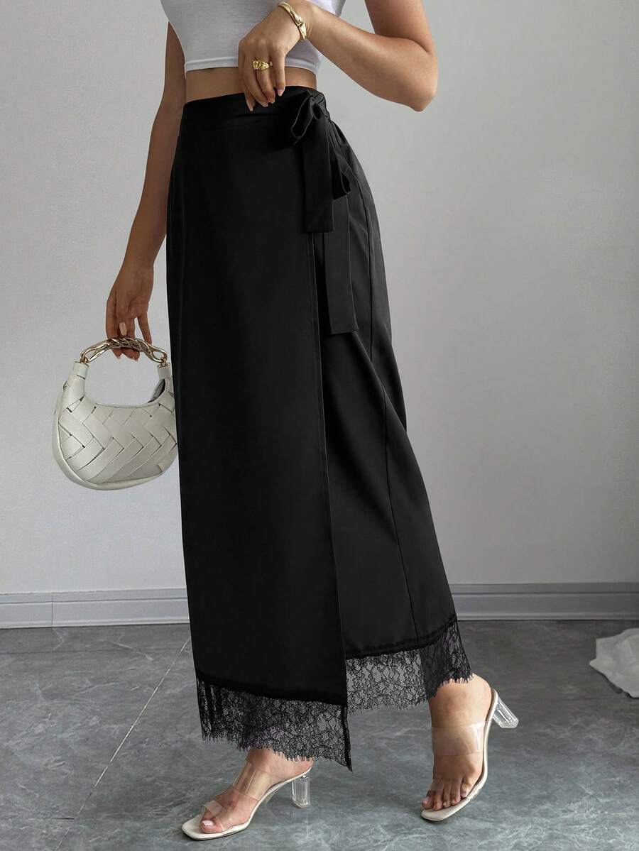 Selianne Black Wrap Midi Skirt - Lace Paneled Hem, Elegant & Versatile For Casual/Office Wear (Spring & Summer Women's) - Black - View 1