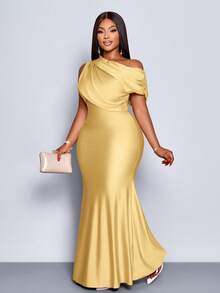 SOLERSUN 女士加大码婚礼派对优雅杏色针织亮面面料不对称露肩无袖拼接收腰修身鱼尾长裙，连衣裙，优雅女士连衣裙，派对礼服，正式礼服，白色连衣裙，奢华晚礼服，婚礼宾客礼服，米色连衣裙，圣诞节，夏季，2026，新年，中国，情人节，性感，度假 - 黃色 - 查看 4