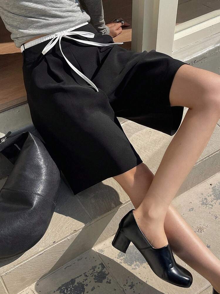 Color Block Lace-Up Straight Leg Bermuda Shorts, Casual Shorts For Women, Spring/Summer