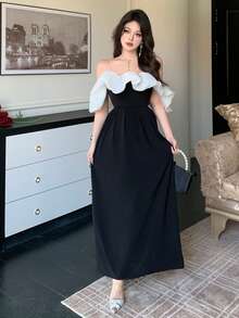 DAZY Elegant Dress For Women, Patchwork Color Block Ruffle Open Shoulder Cinched Waist, Suitable For Banquet In Spring And Autumn Sundress Off The Shoulder - Black - View 6