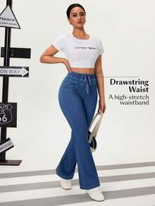 SHEIN Essnce 女士纯色简约日常牛仔裤 - 藍色 - 查看 3