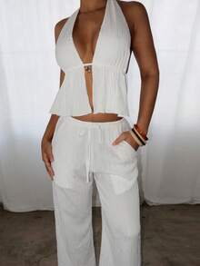 SHEIN PETITE 两件套服装，包括系带露背吊带背心和阔腿抽绳裤，适合夜店、度假、海滩、锐舞派对、夏威夷海岛度假等场合。 - 白色 - 查看 6