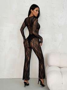 SHEIN PETITE 1pc Women Asymmetric Collar Sparkly Mesh Long Sleeve Fashion Top - Black - View 2