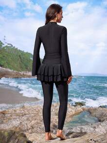 Swim Mulvari Women Black Flare Sleeve Top And Long Pants Casual Modest Swimwear Set, Suitable For Spring, Summer, Beach, Party - Black - View 2