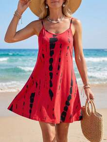 Sylviya 女士休闲扎染吊带背心连衣裙，适合度假 - 紅色 - 查看 4