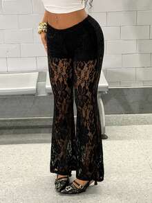 SHEIN DivaQ 女士黑色蕾丝性感休闲Y2K亚文化街头风喇叭裤，春夏款 - 黑色 - 查看 3