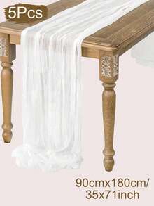 5pcs White Pleated Table Runner Folding Table Flag, Festive Birthday Decor Wedding Decor Holiday Home Decor Party Room Table Decoration Table Cloth, Table Centrepiece Table Runner, Banquet Decoration, Wedding Table Cover, Solid Color Table Runner For Rural Wedding, Kitchen Table Runner, Party Favors, Decor - White - View 2