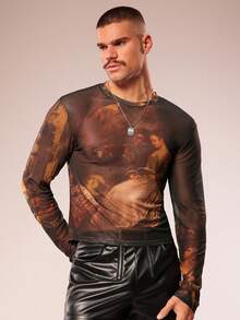 FeverCity Men's Round Neck Graphic Print Versatile Commuting Long Sleeve T-Shirt Men Mesh Top Gay Men Clothes Mesh Men Sheer Top Men Sexy Top Men Graphic Tee - Multicolor - View 1