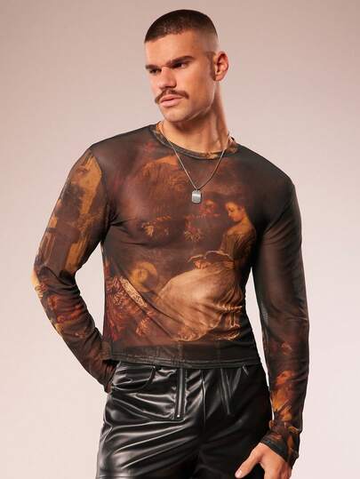 FeverCity Erkekler için Yuvarlak Yakalı Grafik Baskılı Çok Amaçlı Uzun Kollu İşe Gidip Gelme Tişörtü