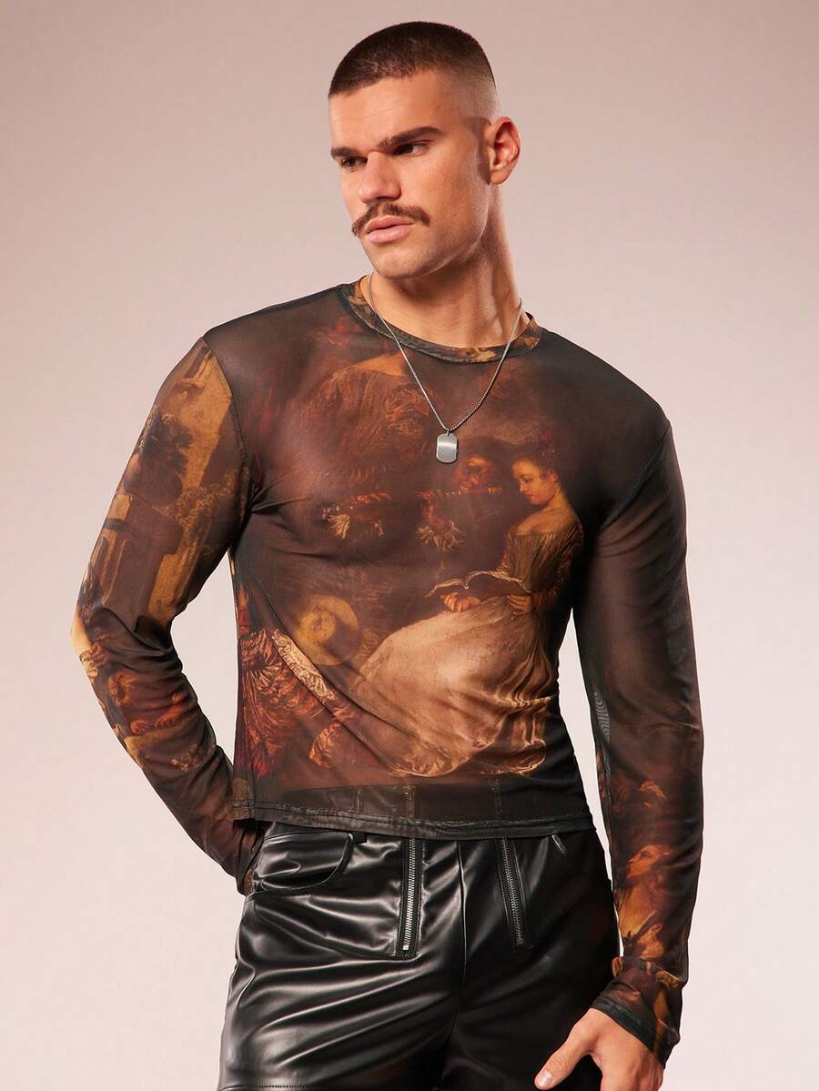 FeverCity Men's Round Neck Graphic Print Versatile Commuting Long Sleeve T-Shirt Men Mesh Top Gay Men Clothes Mesh Men Sheer Top Men Sexy Top Men Graphic Tee - Multicolor - View 1