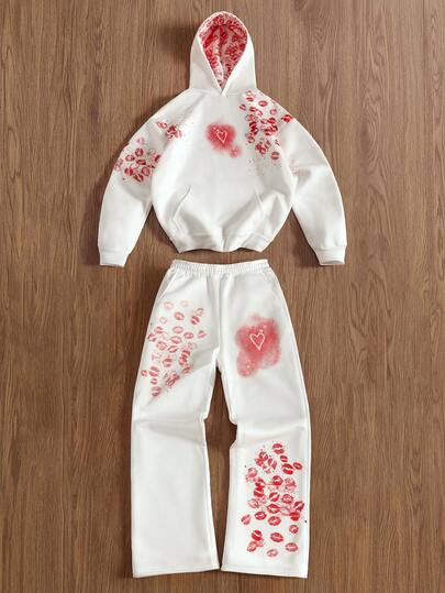 TOKVUE Men's Street-Style Red Lip Graffiti Print Hoodie Set, Suitable For Outdoor Music Festivals, Casual Outings, Gifts For Boyfriend/Husband, Anniversary