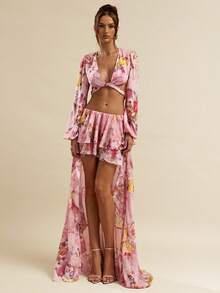 SHEIN BAE Chân váy maxi chiffon trơn và in hoa, vạt bất đối xứng, cạp thấp, thích hợp cho nữ đi biển, kiểu dáng dễ thương ngọt ngào lãng mạn phong cách Y2K, thích hợp cho mùa xuân/hè. - Hồng - Xem 7