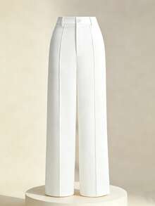 Franclia Quần ống rộng nữ màu trơn, đường may phía trước, thích hợp mặc thường ngày và đi làm. - trắng - Xem 3