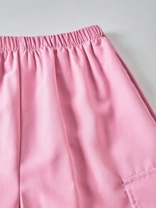 SHEIN ChillGRL Set de 2 piezas de camiseta y pantalón cargo informal para niñas, camiseta de manga corta con cuello redondo y estampado, y pantalones, conjunto de moda para primavera/verano - Rosa - Ver 5