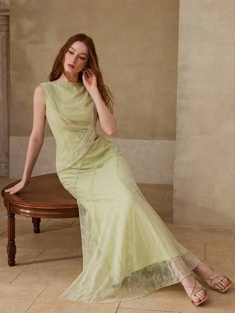 WOMEN'S ELEGANT LONG LACE DRESS WITH STRUCTURAL DESIGN, SPRING/SUMMER