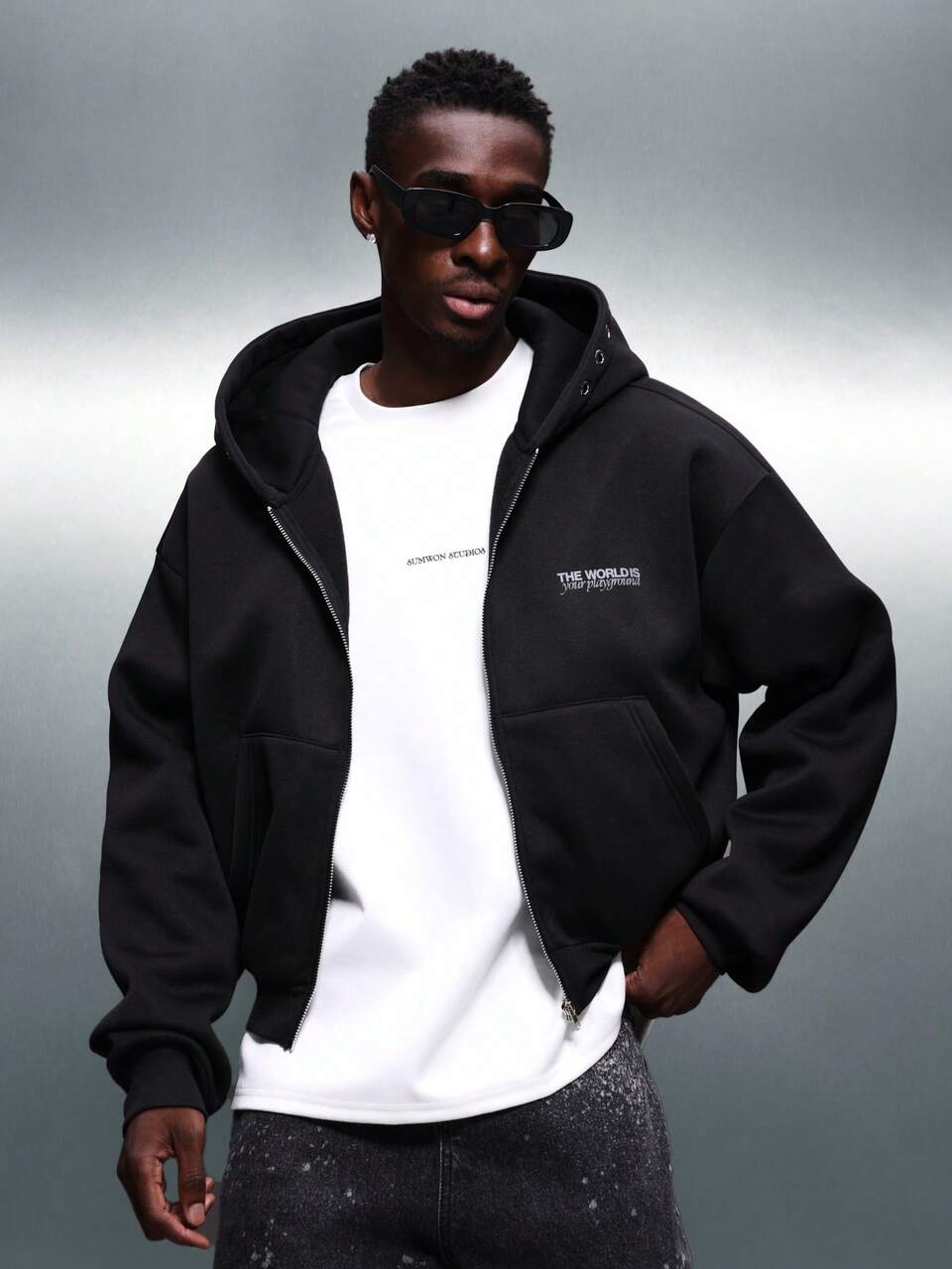 PLAYBOY X SUMWON Felpa con cappuccio e chiusura lampo completa, aderente, da uomo, con coulisse, tasca centrale, occhielli in metallo, decorazione, casual, giacca in felpa invernale