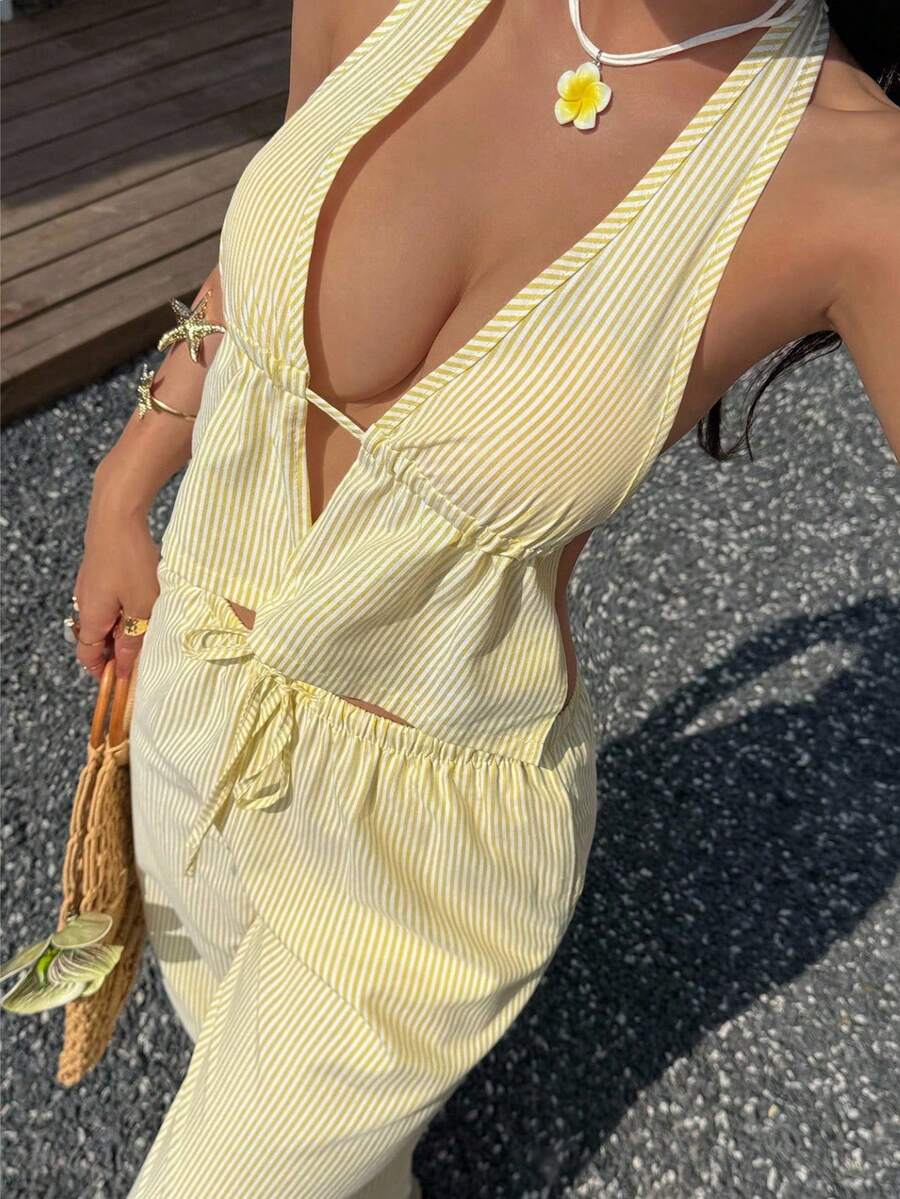 SHEIN EZwear Women's Striped Print Halter Top And Wide Leg Pants Set,Butter Yellow,Spring Outfit Women,Summer ,Going Out Set For Women,Vacation Outfits Women - Multicolor - View 1