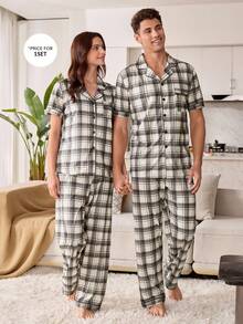 CoupledUp Plaid Print Men's Short Sleeve Pajama Set With Collar - Multicolor - View 4