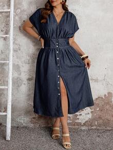 EMERY ROSE Plus Size Summer Casual Washed Pleated Front Button Down Denim Dress,Summer,Valentine's Day, - Blue - View 6