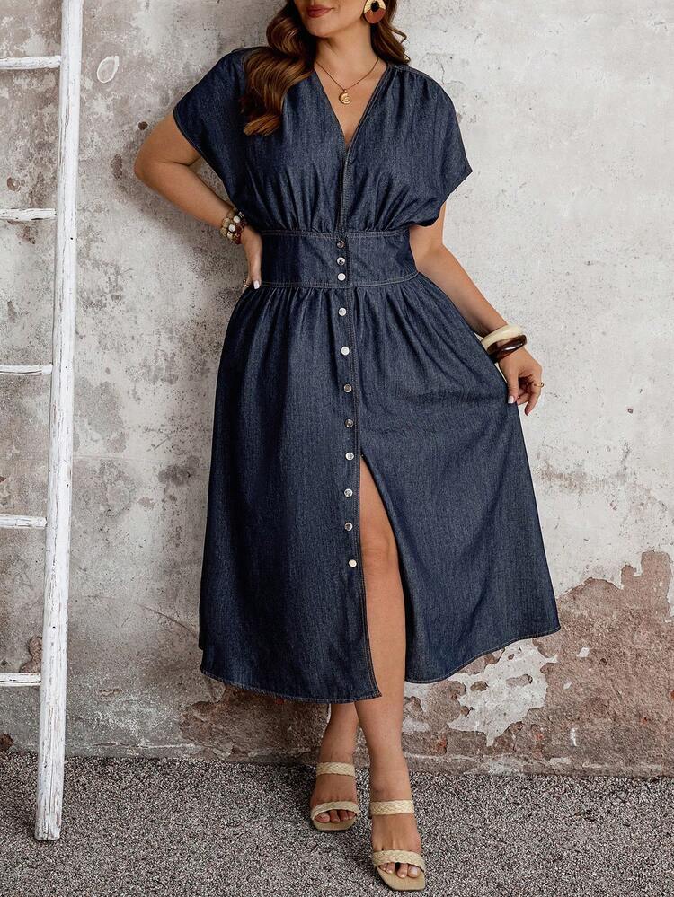 EMERY ROSE Plus Size Summer Casual Washed Pleated Front Button Down Denim Dress,Summer,Valentine's Day, - Blue - View 6