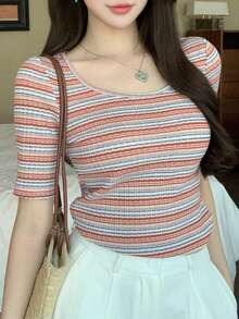 DAZY 女士休闲日常通勤撞色条纹印花圆领短袖修身T恤，夏季 - 彩色 - 查看 8