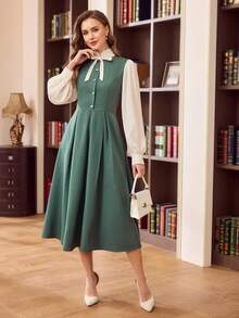Vintamour Đầm nữ cổ điển thanh lịch có túi, kiểu dáng 2 trong 1, tay áo sơ mi, nơ, viền bèo nhún, cúc ngọc trai, phối màu tương phản, thích hợp cho công sở, du lịch, nghỉ lễ, đầm dài mùa hè cho nữ, trang phục mùa hè, đầm dài mùa hè cho nữ, quần áo mùa hè, trang phục nghỉ hè, trang phục mùa xuân cho nữ, trang phục nghỉ xuân, quần áo mùa xuân, đầm mùa xuân cho nữ, đầm thanh lịch cho nữ. - màu xanh lá - Xem 7