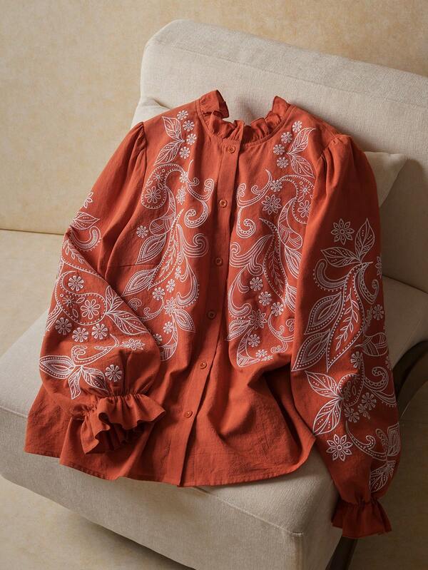 Elaquor Plus Size Women Vacation Cashew Embroidery Frill Trim Stand Collar Long Sleeve Casual Blouse