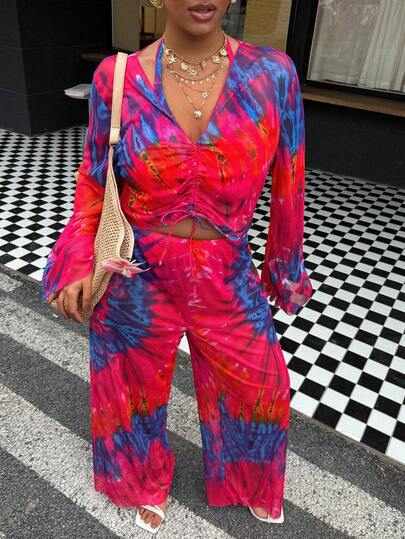 Vaytide 加大码扎染印花休闲简约四件套女式泳衣套装