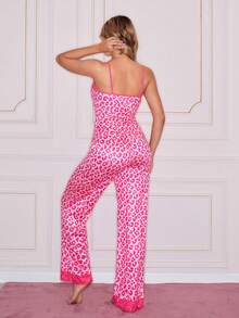 Sweet Ins Colorblock Leopard Print & Lace Patchwork Women Pajama Set - Watermelon Pink - View 2