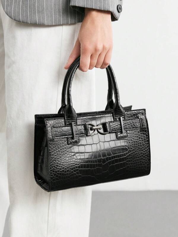 SHECARRY 女士手提包，优雅黑色鳄鱼纹PU皮革托特包，适合通勤。