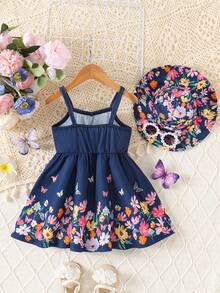 SHEIN 女婴碎花印花遮阳帽连衣裙 - 藏蓝色 - 查看 2