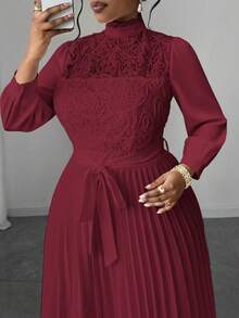 Maweii 大码女士优雅拼接收腰长裙 - 酒紅色 - 查看 6