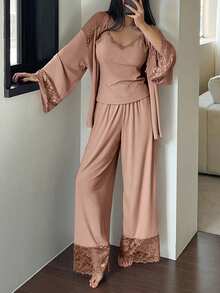 DAZY 3pcs Lace Patchwork Robe, Camisole & Pants Women Sleepwear Set - Coral Pink - View 4