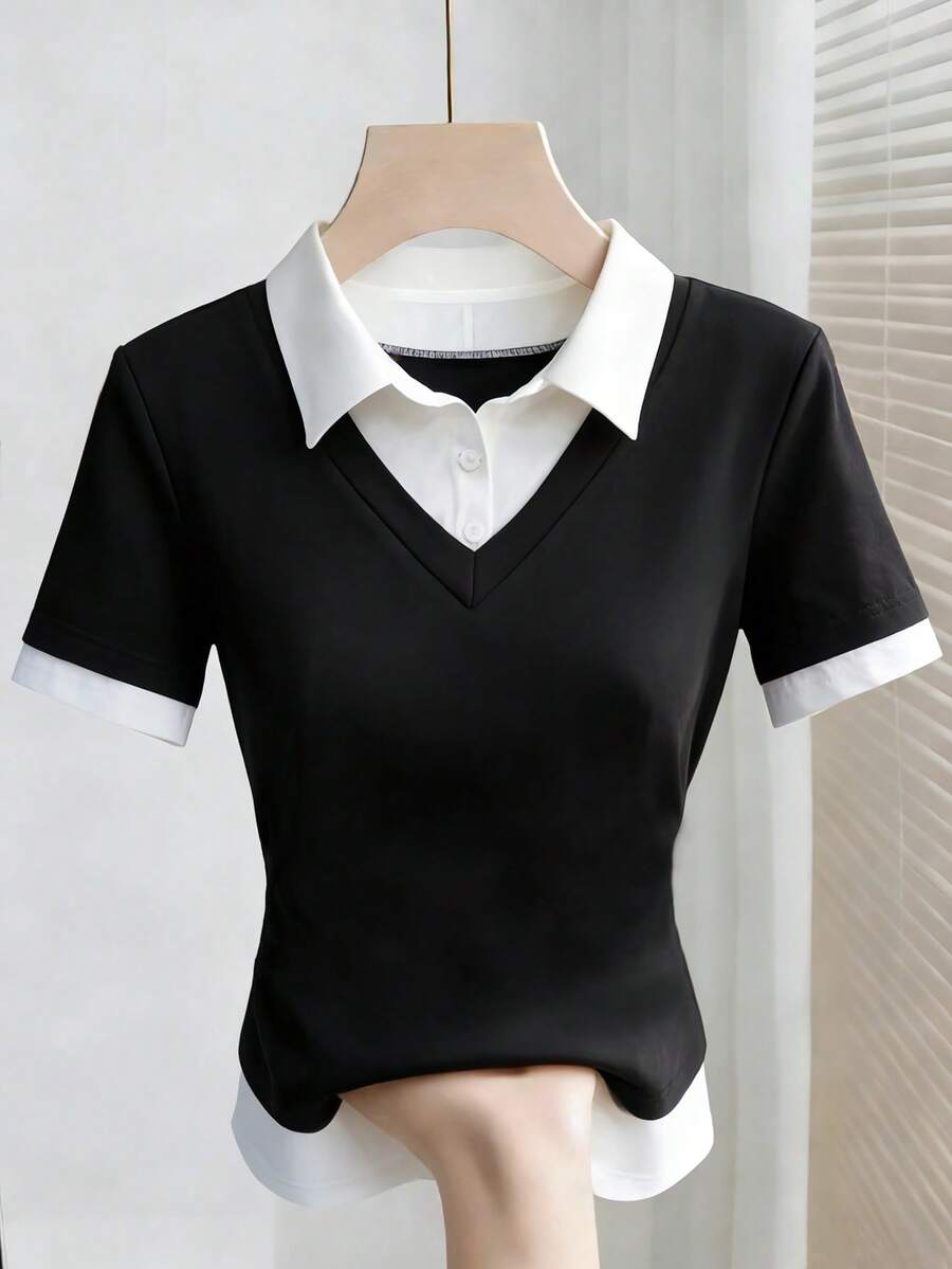 Resyla Women's Collared Button Half-Placket 2 In 1 Casual Everyday Short Sleeve T-Shirt Black And White Tops Preppy Tops Black And White Blouse Office Tops Women Cute Black Tops - Black and White - View 1