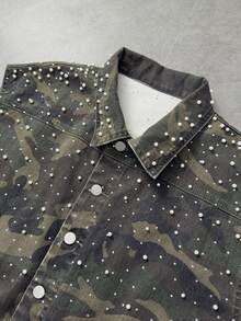 ROMWE MEN Street Life Men's Sleeveless Denim Top With Round Bead Camouflage Decor - Army Green - View 7
