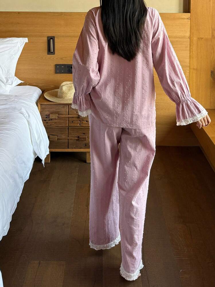 Women's Sleepwear Set With Charming 3D Polka Dot Jacquard Fabric, Sequin Embroidery And Ruffle Hem