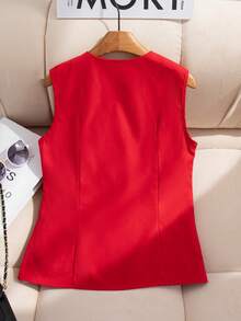 SHEIN Plus Size Women's Elegant French Style Red Sleeveless Blazer, Slim Fit Design With Gold Button Accents, Suitable For Work, Office Or Casual Occasions, Spring/Summer - Red - View 2