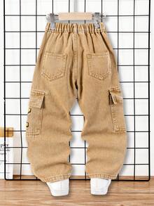 Pantalones cargo de pierna recta y ajuste holgado con pespuntes de contraste para niño - Caqui - Ver 2
