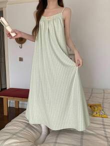 DAZY 绿色清新格子字母印花装饰宽松吊带中长款女士睡裙 - 綠色 - 查看 5